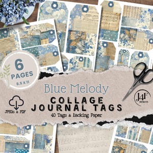 Blue Collage Junk Journal Tag Digital Downloaded Ephemera Instantly Printable Fussy Cutting Papers Shabby Journaling Tag Grunge Scrapbook