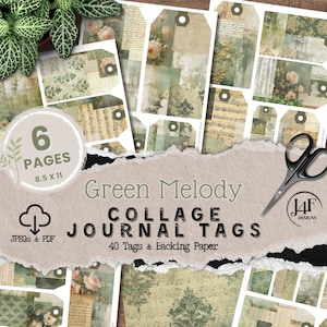 Green Collage Junk Journal Tag Digital Downloaded Ephemera Instantly Printable Fussy Cutting Papers Shabby Journaling Tag Grunge Scrapbook
