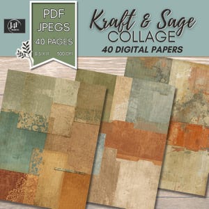Puede incluir: Paquete de papel digital titulado "Kraft & Sage Collage" con 40 páginas. Los papeles tienen un diseño de collage con una mezcla de texturas y colores, incluyendo verde salvia, marrón y naranja. Los papeles miden 21,59 x 27,94 cm y 300 DPI.