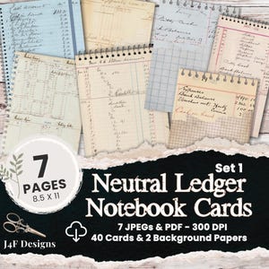 Neutral Junk Journal Notebook Cards Printable Ledger Page Ephemera Old Ledger Trading Cards Antique Digital Journal ATC Downloaded Ephemera