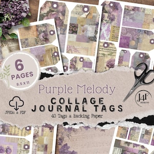 Purple Flowered Collage Junk Journal Tags Digital Downloaded Ephemera Instantly Printable Fussy Cutting Papers Shabby Journaling Tag Grunge