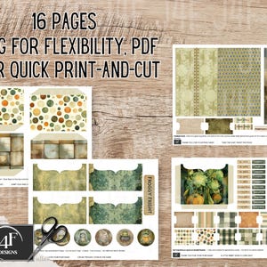 A whimsical frog-themed junk journal kit with 135 printable pieces featuring quirky frogs and toads in Halloween costumes, pumpkins, enchanted foliage, spooky tags, mystical tickets, vintage ephemera, and journal pages. Includes pockets, tags, cards, and more for crafting, scrapbooking, and journaling.