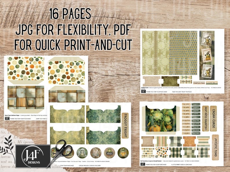 A whimsical frog-themed junk journal kit with 135 printable pieces featuring quirky frogs and toads in Halloween costumes, pumpkins, enchanted foliage, spooky tags, mystical tickets, vintage ephemera, and journal pages. Includes pockets, tags, cards, and more for crafting, scrapbooking, and journaling.