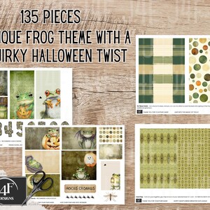 A whimsical frog-themed junk journal kit with 135 printable pieces featuring quirky frogs and toads in Halloween costumes, pumpkins, enchanted foliage, spooky tags, mystical tickets, vintage ephemera, and journal pages. Includes pockets, tags, cards, and more for crafting, scrapbooking, and journaling.