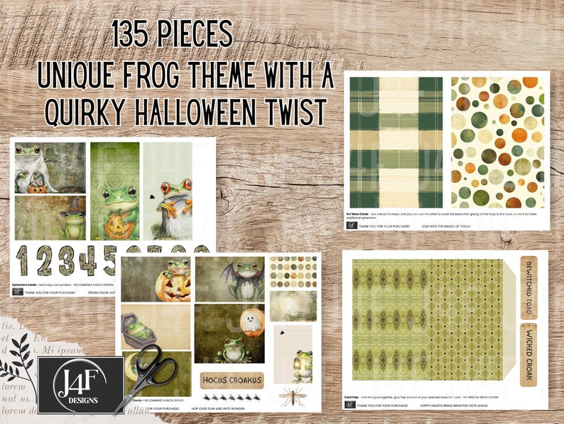A whimsical frog-themed junk journal kit with 135 printable pieces featuring quirky frogs and toads in Halloween costumes, pumpkins, enchanted foliage, spooky tags, mystical tickets, vintage ephemera, and journal pages. Includes pockets, tags, cards, and more for crafting, scrapbooking, and journaling.