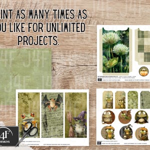 A whimsical frog-themed junk journal kit with 135 printable pieces featuring quirky frogs and toads in Halloween costumes, pumpkins, enchanted foliage, spooky tags, mystical tickets, vintage ephemera, and journal pages. Includes pockets, tags, cards, and more for crafting, scrapbooking, and journaling.