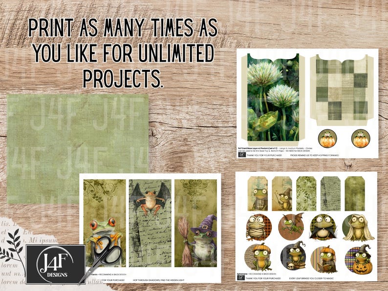 A whimsical frog-themed junk journal kit with 135 printable pieces featuring quirky frogs and toads in Halloween costumes, pumpkins, enchanted foliage, spooky tags, mystical tickets, vintage ephemera, and journal pages. Includes pockets, tags, cards, and more for crafting, scrapbooking, and journaling.