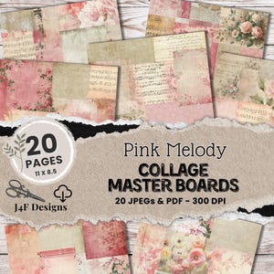 Papiers de journal numérique téléchargés Cottage Core, kit de journal indésirable rose minable, tableau principal, collage, papiers de découpe, papiers de découpe grungy Scrappy, support PDF