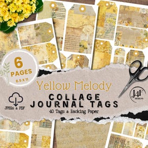 Collage gele ongewenste dagboektags digitaal gedownloade ephemera direct afdrukbare kieskeurig snijden papieren shabby journaling tag grunge plakboek