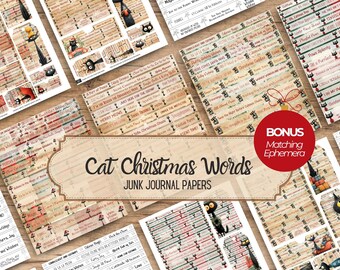 Palabras imprimibles para diario de recortes navideños con temática de gatos, etiquetas, fragmentos de palabras y manualidades en papel (PDF)
