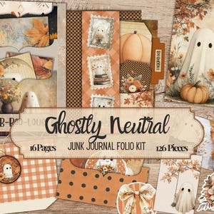 Pode incluir: Um kit de folha de diário de lixo com o tema "Ghostly Neutral", com 16 páginas e 126 peças. O kit inclui efemérides de papel, etiquetas e enfeites com tema de outono e Halloween. Os desenhos incluem fantasmas, abóboras e folhas de outono.