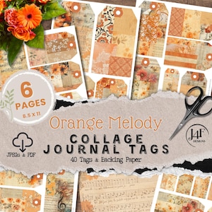 Collage Orange Junk Journal Tags Digital Downloaded Ephemera Instantly Printable Fussy Cutting Papers Shabby Journaling Tag Grunge Scrapbook