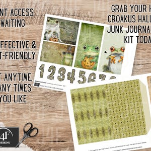 A whimsical frog-themed junk journal kit with 135 printable pieces featuring quirky frogs and toads in Halloween costumes, pumpkins, enchanted foliage, spooky tags, mystical tickets, vintage ephemera, and journal pages. Includes pockets, tags, cards, and more for crafting, scrapbooking, and journaling.