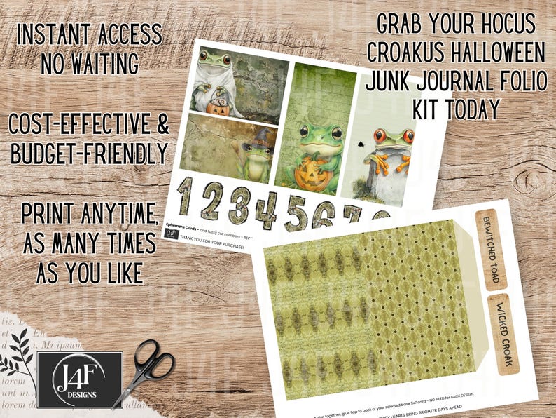 A whimsical frog-themed junk journal kit with 135 printable pieces featuring quirky frogs and toads in Halloween costumes, pumpkins, enchanted foliage, spooky tags, mystical tickets, vintage ephemera, and journal pages. Includes pockets, tags, cards, and more for crafting, scrapbooking, and journaling.