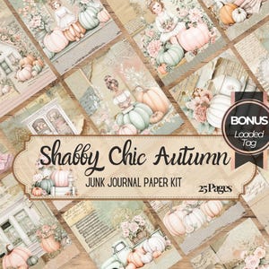 May include: A collection of Shabby Chic Autumn junk journal paper kit pages. The pages feature illustrations of pumpkins, flowers, and vintage elements in soft pastel colors. The kit includes a bonus loaded tag and 25 pages.