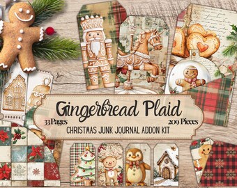 GINGERBREAD PLAID Printable Junk Journal Addon Kit, Digitally Downloaded Christmas Loaded Pocket Tag Envelope Holiday Scrapping Ephemera PDF