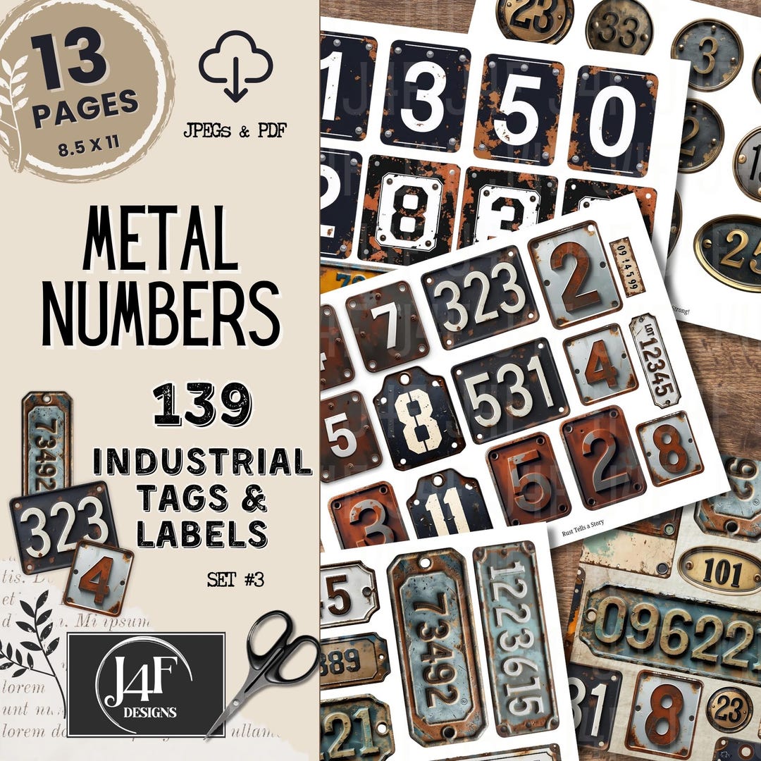 Metal Rustic Industrial Grungy Number Labels Printable Junk Journal ...