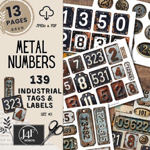 Metall Rustikale Industrielle Grungy Zahlenetiketten Druckbare Junk-Journal Digital heruntergeladen Ephemera Tag Metallic Zahlen Pingelige Schneideblätter