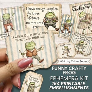 Lustiger Frosch Printable Pingeliges Junk Journal Ephemera Kit | 164 Frosch-Themed Karte Anhänger Wort Etikett Verschönerung Bastelbedarf fc16