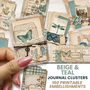 Puede incluir: Una colección de clusters para diario en tonos beige y verde azulado que incluye papel vintage, encaje, ilustraciones de mariposas, motivos de libélulas, impresiones botánicas y dijes de llaves de metal. Estos adornos imprimibles incluyen varios recortes de papel, etiquetas y cartulinas estampadas para proyectos de scrapbooking.