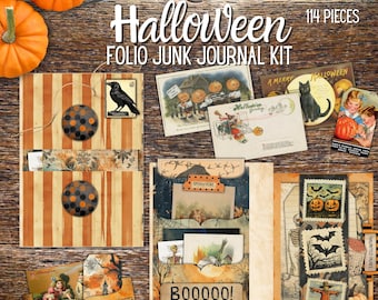 Halloween Junk Journal Folio Kit Vintage Digitale Gedownloade Ephemera Direct Afdrukbare Geladen Folio Kit Zakken Tags Mini Project DIY Cadeau