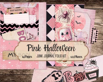 May include: A Pink Halloween junk journal folio kit featuring 14 pages and 122 pieces. The collection includes pink and black patterned papers, a ghost illustration, a spider, a cupcake with a spider, and text reading Boo Buddies and Boo Yah.