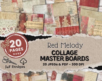 Kit de papel digital para diario Shabby Chic rojo, tablero maestro para diario de recortes, papeles para collage, fondo con textura grunge, PDF imprimible