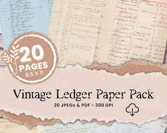 Utskrivbart Ledger-papperspaket Digital skräpjournal Gamla Ledger-sidor Antik scrapbookpapper Bakgrund Skräpjournal Digitalt nedladdad Ephemera