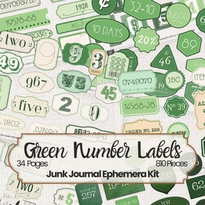Op de afbeelding: Een verzameling groene nummerlabels en -tags voor junk journals. De labels hebben verschillende vormen en maten, met witte cijfers en tekst. Bevat de tekst "Green Number Labels" en "Junk Journal Ephemera Kit".