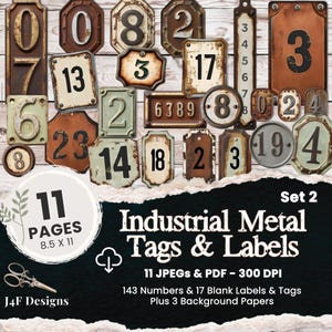 Metall Rustikale Industrielle Grungy Zahlenetiketten Druckbare Junk-Journal Digital heruntergeladen Ephemera Tag Metallic Zahlen Pingelige Schneideblätter