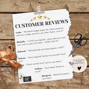 May include: A white paper sheet with torn edges featuring the text CUSTOMER REVIEWS and five gold stars. It includes testimonials from Linda, Michelle, Deborah, Delores, Betsy, Colleen, and Margaret. A black pair of scissors and a circular tag are present.