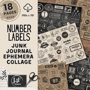 May include: A collage of vintage-style number labels and ephemera for junk journals. The design includes stamps, tickets, and labels with numbers, text, and illustrations. The digital download includes 18 pages, 8.5 x 11 inches, in JPEG and PDF formats.