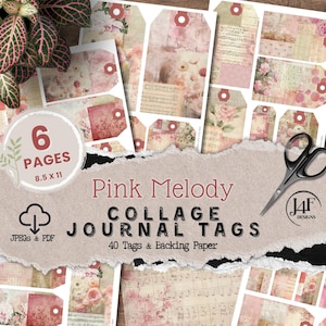 Collage Pink Junk Journal Tags Digital Downloaded Ephemera Instantly Printable Fussy Cutting Papers Shabby Journaling Tag Grunge Scrapbook