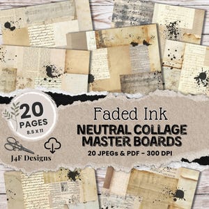 Peut inclure: Une collection numérique de 20 pages intitulée Faded Ink Neutral Collage Master Boards, 21,59 x 27,94 cm. Les pages présentent des textures de papier vintage superposées, des écritures manuscrites, des partitions et des taches d'encre.