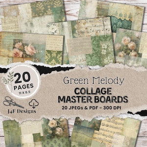 Papiers de journal numérique téléchargés Cottage Core, kit de journal indésirable vert minable, tableau principal, collage, papiers de découpe, papiers de découpe grungy, support PDF