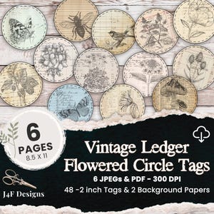 Vintage grootboek papier bloemrijke cirkel neutrale ongewenste dagboek tag afdrukbare journaling aanbod botanische afdrukbare direct gedownloade kortstondige