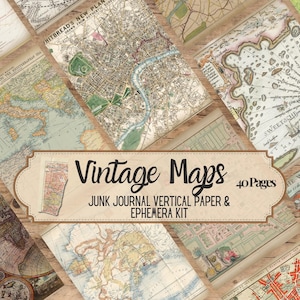May include: An assortment of vintage maps with a variety of colors and styles. The maps are arranged on a wooden surface. The image includes a banner that reads "Vintage Maps" and "Junk Journal Vertical Paper & Ephemera Kit".