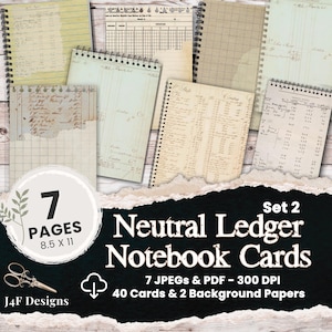 Neutral Junk Journal Notebook Cards Printable Ledger Page Ephemera Old Ledger Trading Cards Antique Digital Journal ATC Downloaded Ephemera
