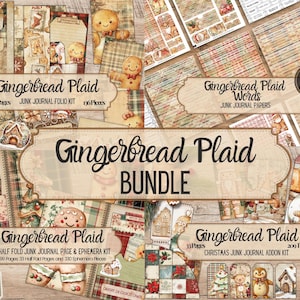 May include: A Gingerbread Plaid junk journal bundle featuring various Christmas-themed printable pages and ephemera. The collection includes gingerbread characters, plaid patterns, and holiday motifs with text labels like Gingerbread Plaid BUNDLE.