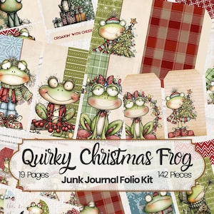 May include: A digital junk journal kit featuring whimsical Christmas frogs. The design includes various frog illustrations with festive attire and accessories, along with patterned backgrounds and tags. The text "Quirky Christmas Frog" is prominently displayed.