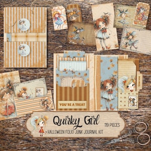 Könnte beinhalten: Eine Sammlung von Halloween-Papier-Ephemera, darunter Anhänger, Karten und Taschen, mit skurrilen Illustrationen von Mädchen und Hexen. Das Set enthält den Text "Quirky Girl" und "You're a Treat".
