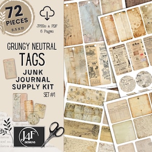 Junk Journal Supply Kit Grungy Neutral Tags Downloadbare Junk Journaling Gedigitaliseerde Ephemera Direct Afdrukbare Shabby Kieskeurig Cutting Papers