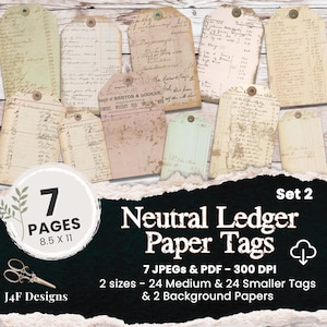 Neutral Junk Journal Tags Printable Vintage Ledger Paper Tags Old Ephemera Journal Inserts Filler Junk Journal Digital Downloaded Ephemera 2