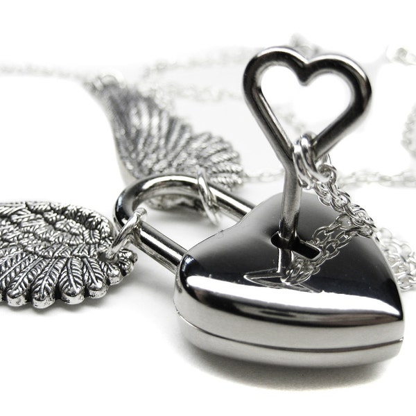 Engraved Angel Wing Necklace, Engraved Heart Padlock Necklace, Couples Jewelry, Submissive Collar, BDSM Jewelry, Engraved Padlock-Discounted