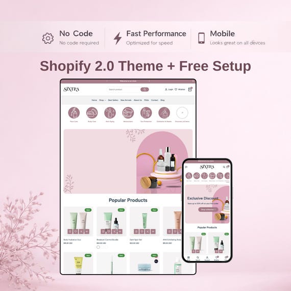 Shopify 2.0 Theme | Pink Beauty Website Design, Mobile-First Template | Sintra