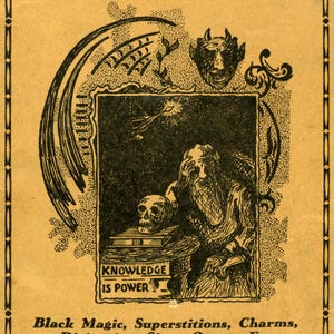 May include: A vintage book cover with a yellow background and black text. The title is "The Book of Forbidden Knowledge". The cover features an illustration of a man with his head in his hands, a skull, and a devil's head.