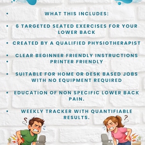 May include: Informational graphic about lower back pain exercises. Text includes exercise details, created by a physiotherapist, beginner-friendly instructions, and suitable for home or desk jobs. Features illustrations of people experiencing back pain.