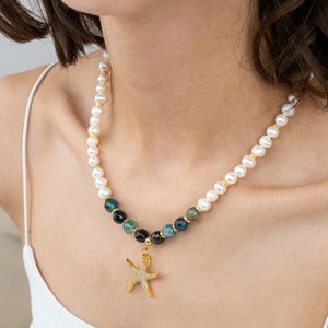 Real pearl onyx Necklace starfish pendant,Handmade statement gemstone Jewelry Unique Design,Elegant Pendant,mothers day gift,chunky necklace