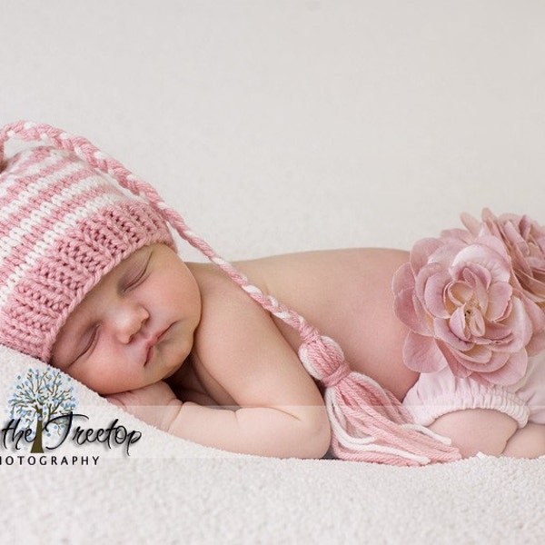 Newborn Hat, Baby Hat, Girl Hat, Handmade Knitted  Striped Newborn Hat in Soft Pink and Ivory Stocking Hat Professional Photography Prop