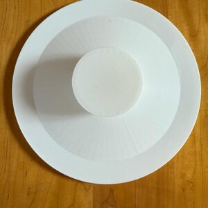 May include: A white circular object featuring a flat outer ring and a raised, smaller cylindrical center section. The surface of the object is smooth and matte, displaying a uniform white color throughout its entire structure.